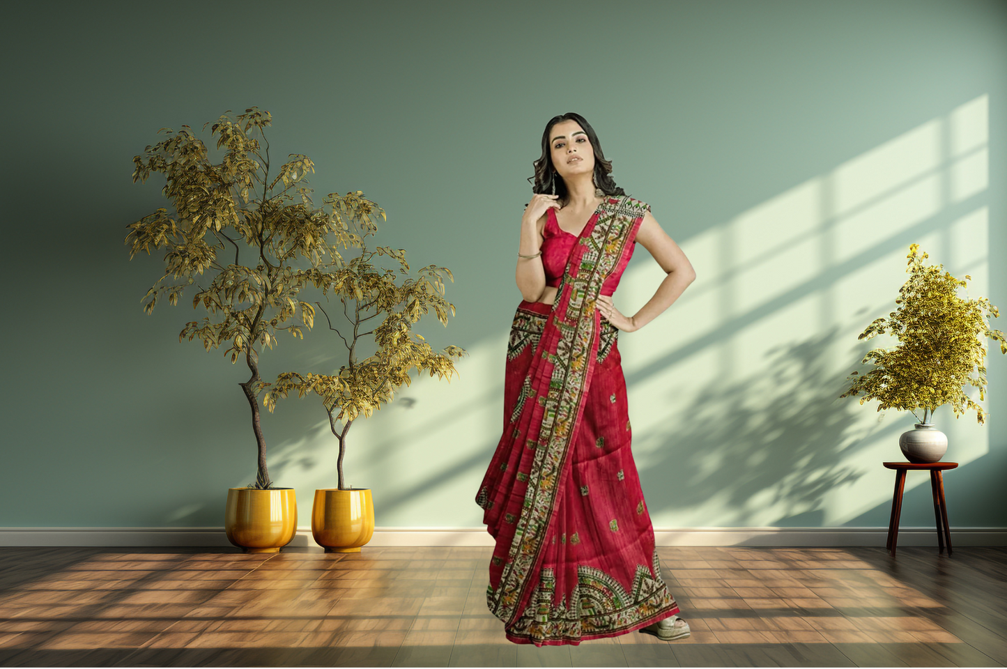 Women's Bhagalpuri Silk, Tussar Gicha Saree With Hand Printed, Unstitchced Blouse Piece, Dark Pink Colour