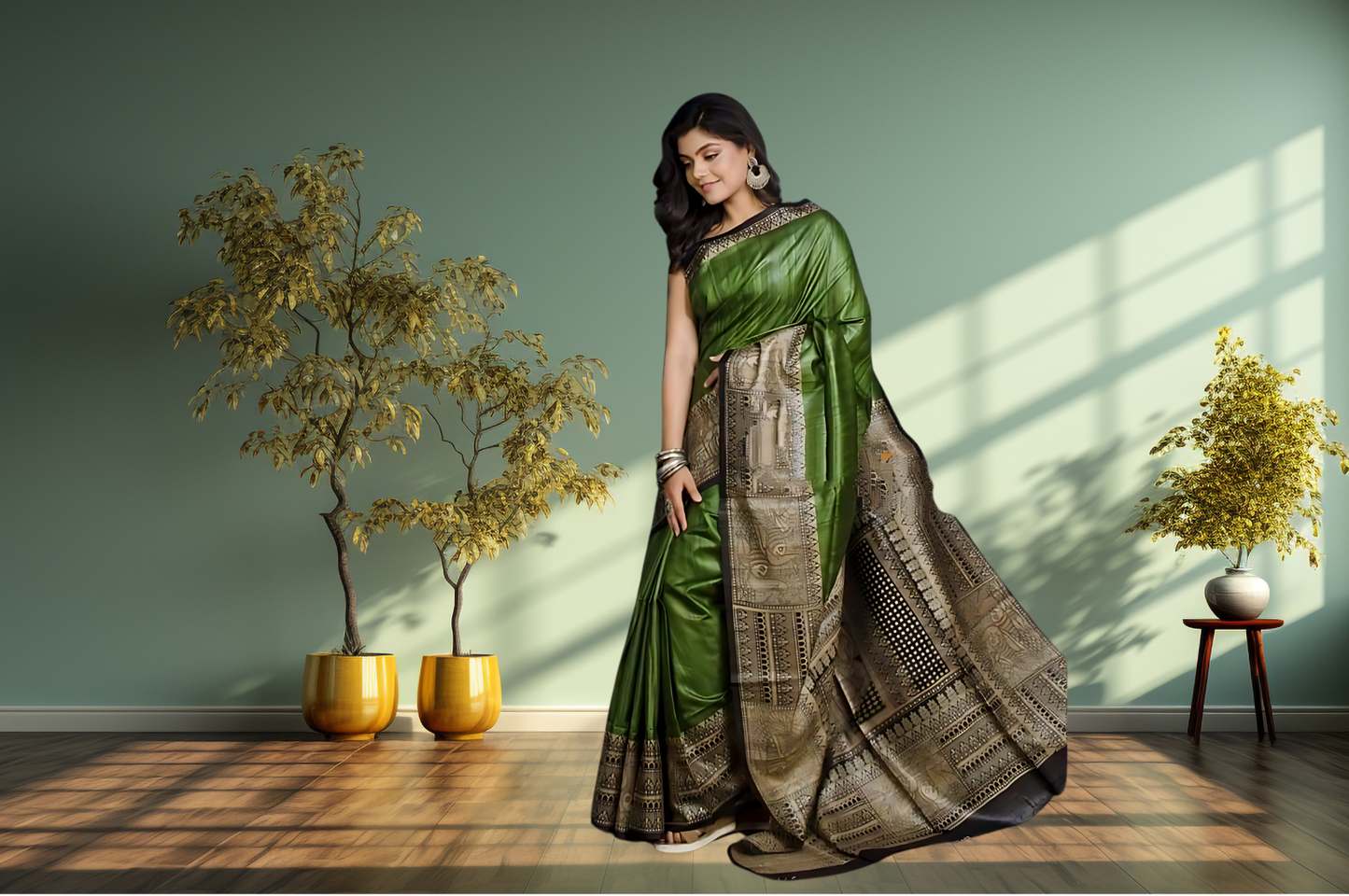 Women's Bhagalpuri Silk, Tussar Gicha Saree With Hand Painted, Unstitchced Blouse Piece, Forest Green Colour