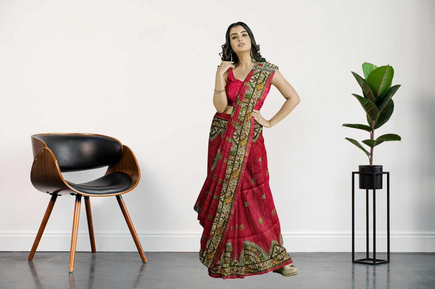 Women's Bhagalpuri Silk, Tussar Gicha Saree With Hand Printed, Unstitchced Blouse Piece, Dark Pink Colour