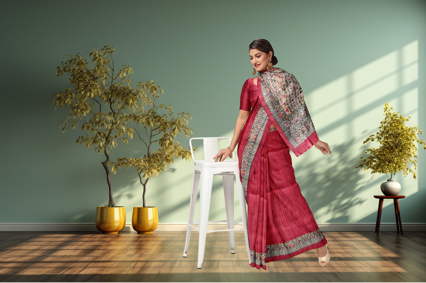 Women's Bhagalpuri Silk, Tussar Gicha Saree With Hand Painted, Unstitchced Blouse Piece, Dark Pink