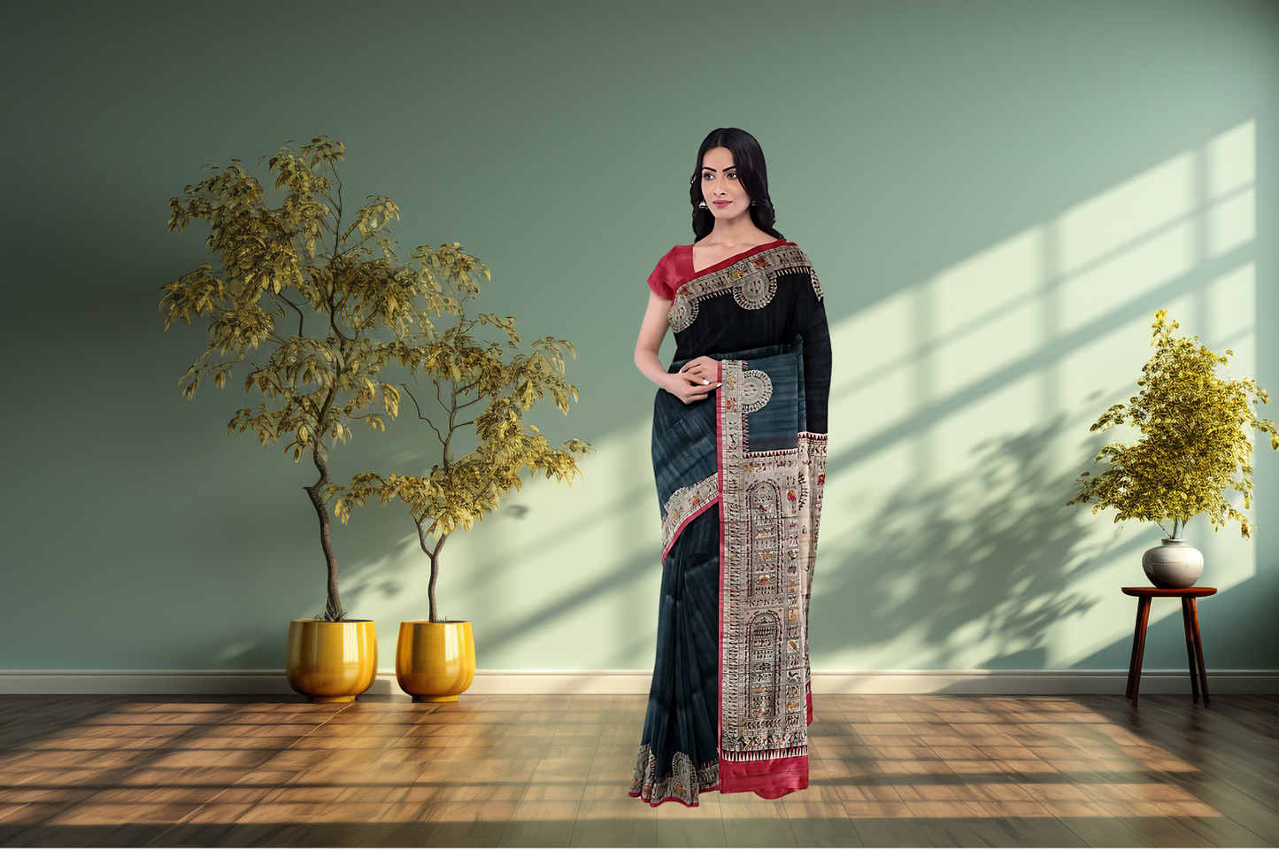 Women's Bhagalpuri Silk, Tussar Gicha Saree With Hand Printed, Unstitchced Blouse Piece, Emerald green Colour