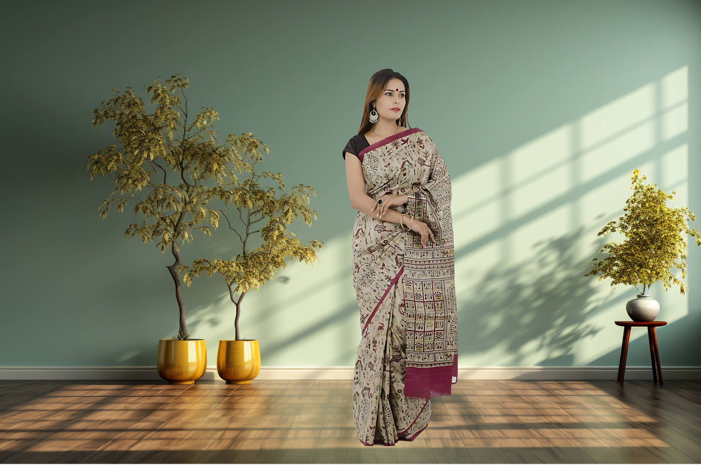 Women's Bhagalpuri Silk, Tussar Gicha Saree With Hand Painted, Unstitchced Blouse Piece, Grey Colour