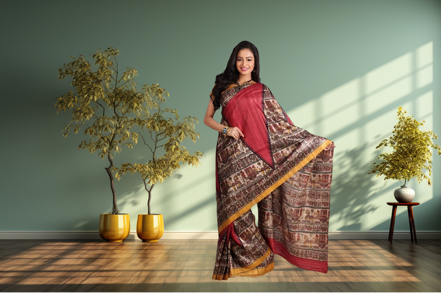 Women's Bhagalpuri Silk, Tussar Gicha Saree With Hand Printed, Unstitchced Blouse Piece, Dark Pink Colour