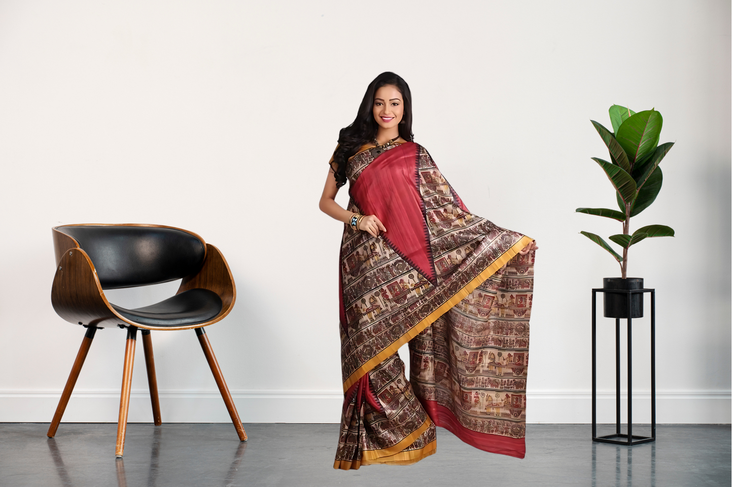 Women's Bhagalpuri Silk, Tussar Gicha Saree With Hand Printed, Unstitchced Blouse Piece, Dark Pink Colour