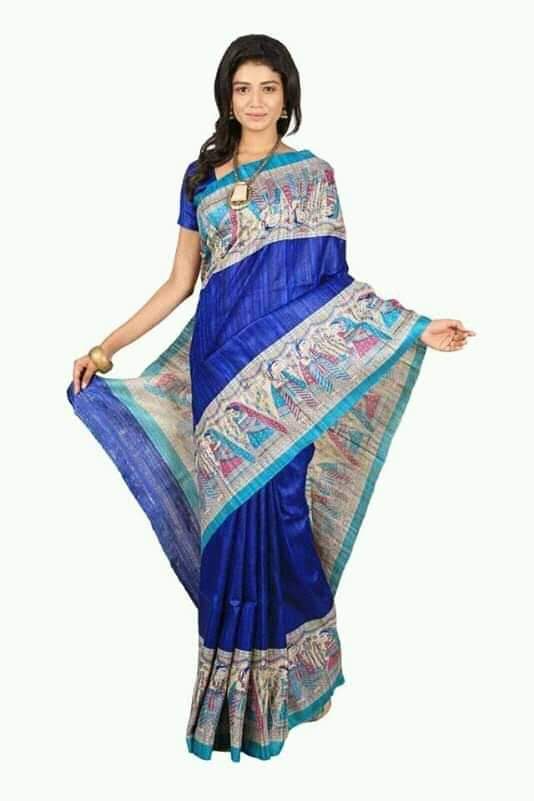 Women's Bhagalpuri Silk, Tussar Gicha Saree With Hand Painted, Unstitchced Blouse Piece, Blue Colour
