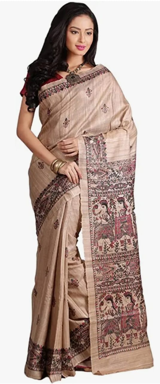 Women's Bhagalpuri Silk, Tussar Gicha Saree With Hand Painted, Unstitchced Blouse Piece, Pine Colour