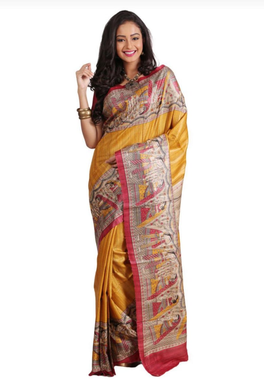 Women's Bhagalpuri Silk, Tussar Gicha Saree With Hand Painted, Unstitchced Blouse Piece, Mustard Yellow Colour