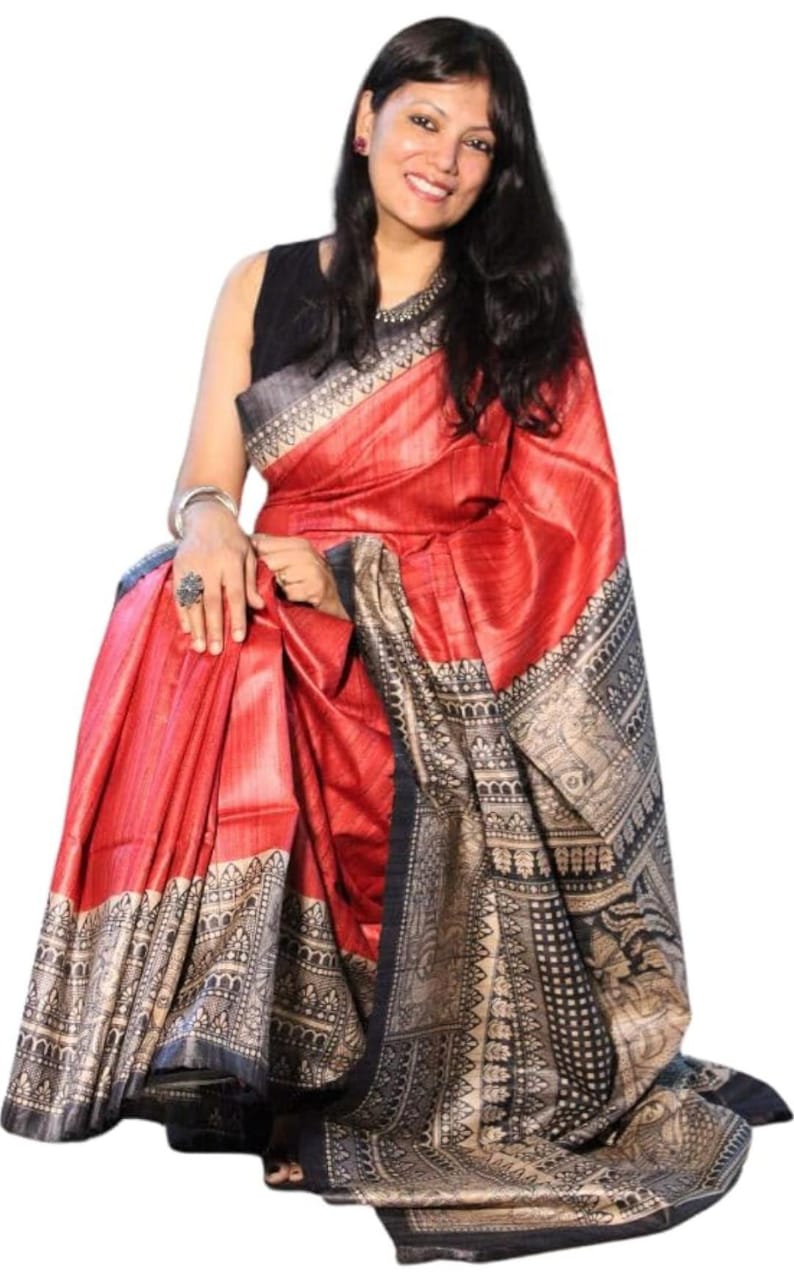 Women's Bhagalpuri Silk, Tussar Gicha Saree With Hand Painted, Unstitchced Blouse Piece, Red Printed Colour