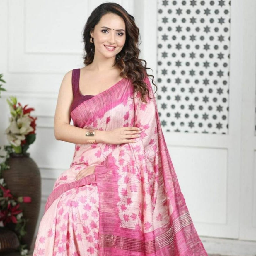 Women's Bhagalpuri Silk, Tussar Gicha Saree With Hand Painted, Unstitchced Blouse Piece, Pink Multicolour
