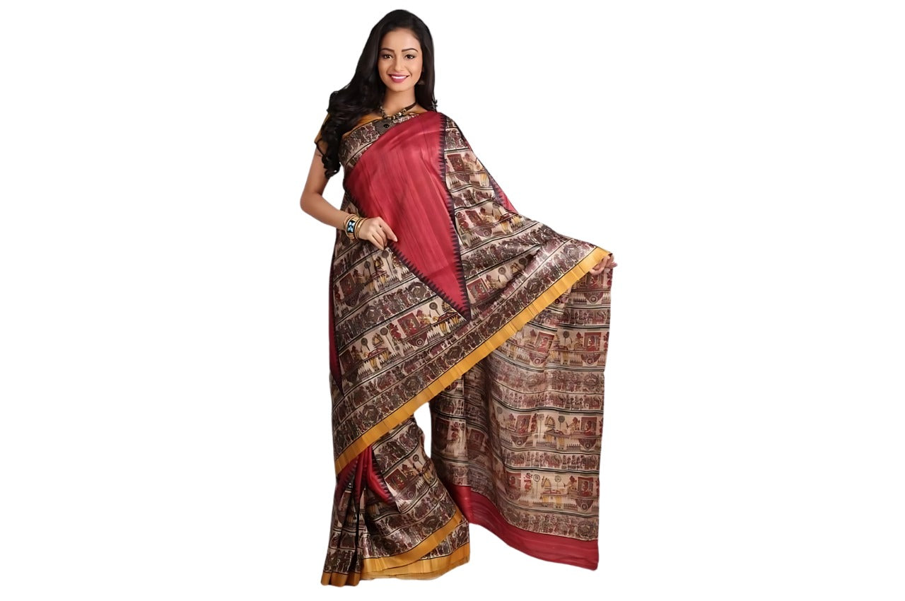 Women's Bhagalpuri Silk, Tussar Gicha Saree With Hand Printed, Unstitchced Blouse Piece, Dark Pink Colour
