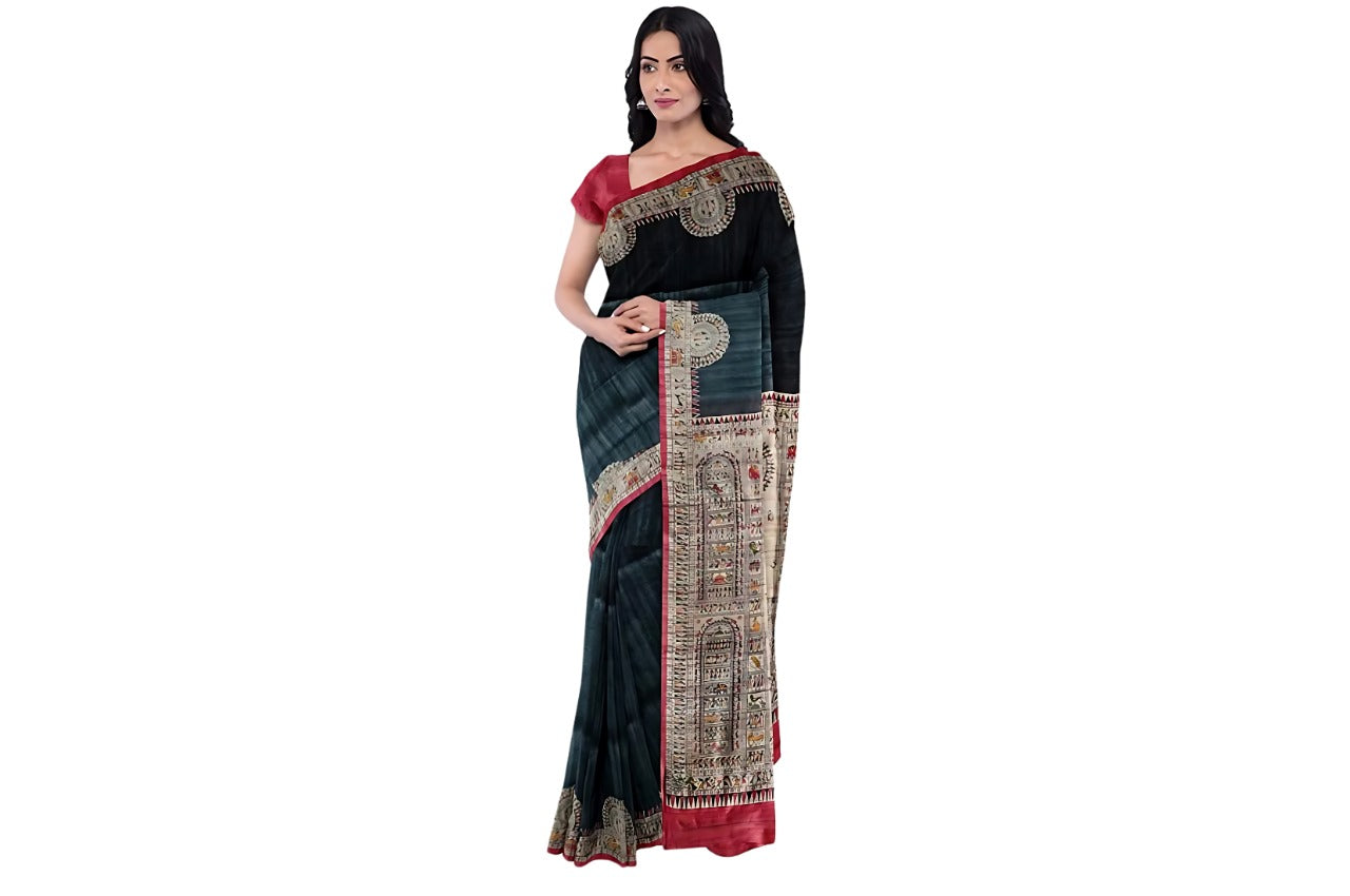 Women's Bhagalpuri Silk, Tussar Gicha Saree With Hand Printed, Unstitchced Blouse Piece, Emerald green Colour