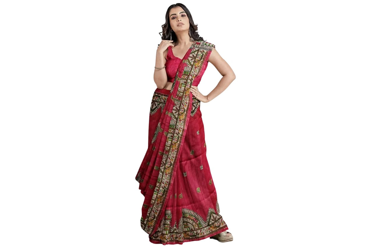 Women's Bhagalpuri Silk, Tussar Gicha Saree With Hand Printed, Unstitchced Blouse Piece, Dark Pink Colour