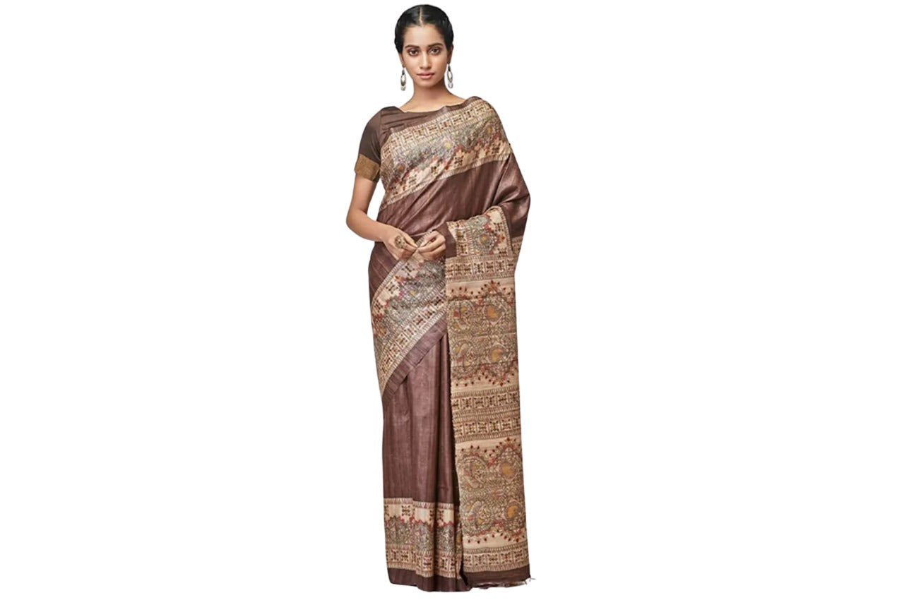Women's Bhagalpuri Silk, Tussar Gicha Saree With Hand Printed, Unstitchced Blouse Piece, Grey Colour