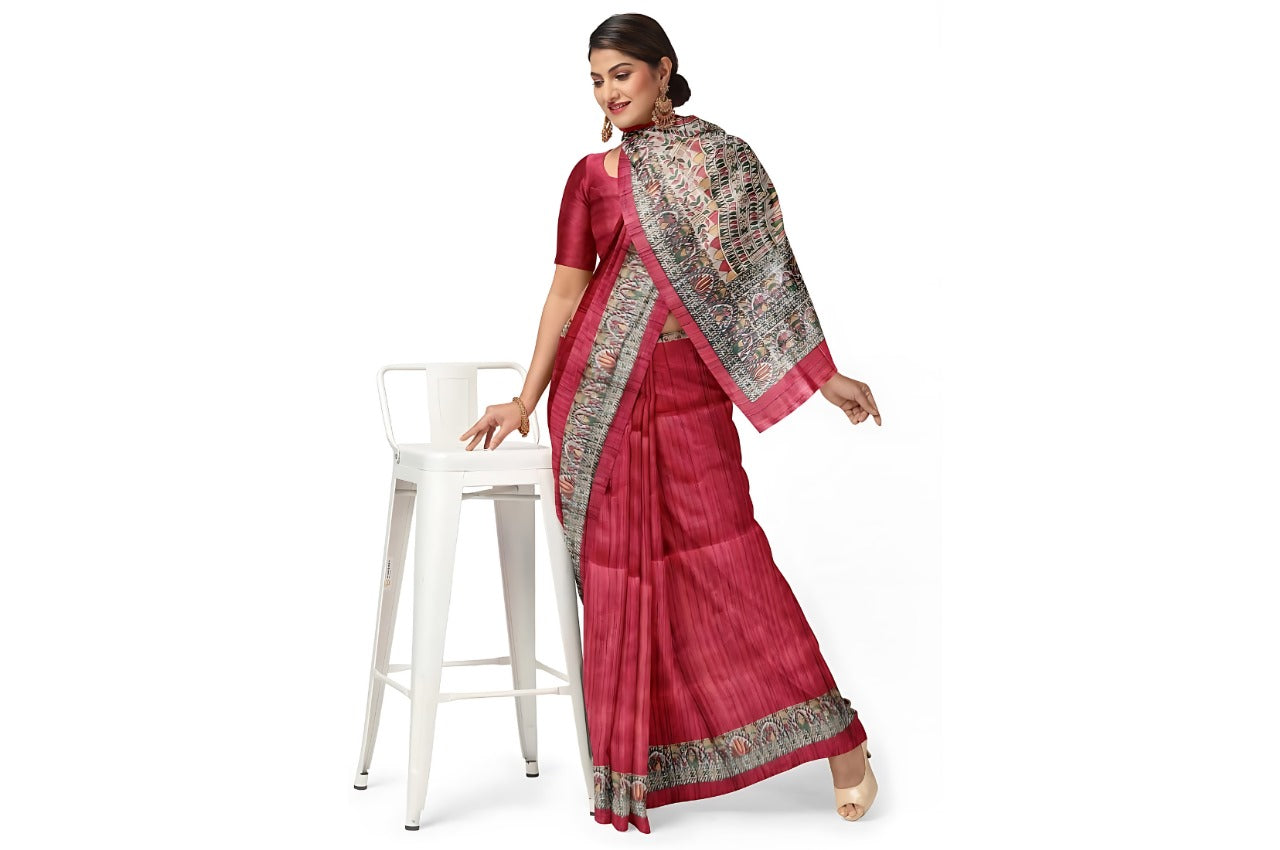 Women's Bhagalpuri Silk, Tussar Gicha Saree With Hand Painted, Unstitchced Blouse Piece, Dark Pink