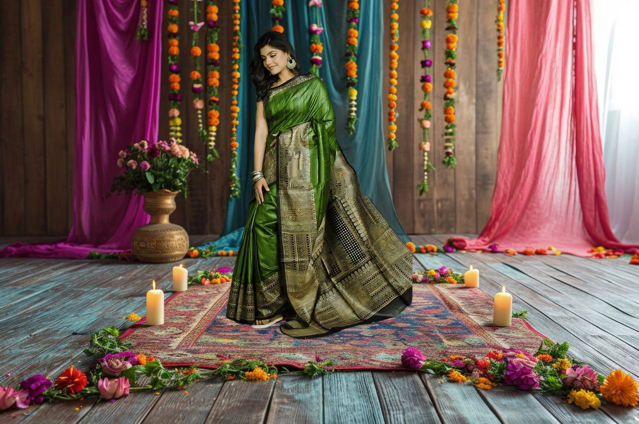 Women's Bhagalpuri Silk, Tussar Gicha Saree With Hand Painted, Unstitchced Blouse Piece, Forest Green Colour