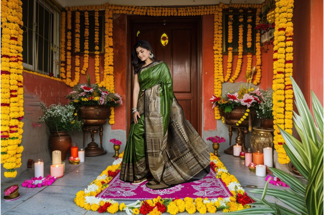 Women's Bhagalpuri Silk, Tussar Gicha Saree With Hand Painted, Unstitchced Blouse Piece, Forest Green Colour