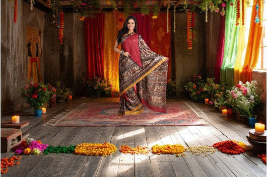 Women's Bhagalpuri Silk, Tussar Gicha Saree With Hand Printed, Unstitchced Blouse Piece, Dark Pink Colour