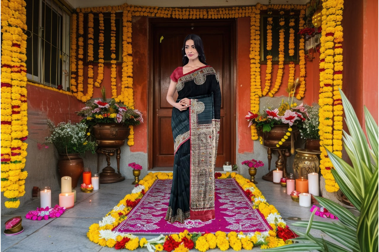 Women's Bhagalpuri Silk, Tussar Gicha Saree With Hand Printed, Unstitchced Blouse Piece, Emerald green Colour