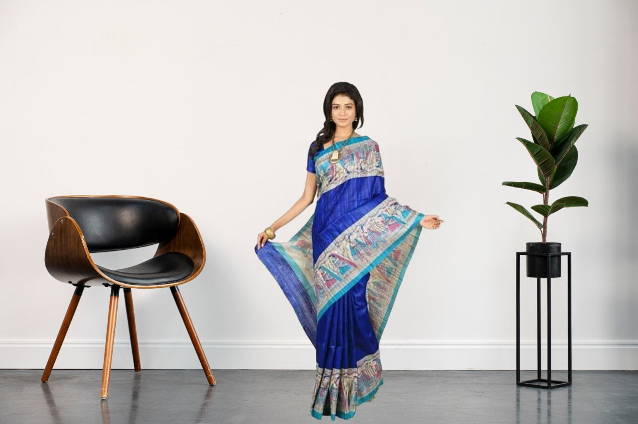 Women's Bhagalpuri Silk, Tussar Gicha Saree With Hand Painted, Unstitchced Blouse Piece, Blue Colour