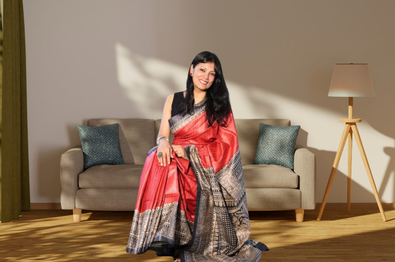 Women's Bhagalpuri Silk, Tussar Gicha Saree With Hand Painted, Unstitchced Blouse Piece, Red Printed Colour
