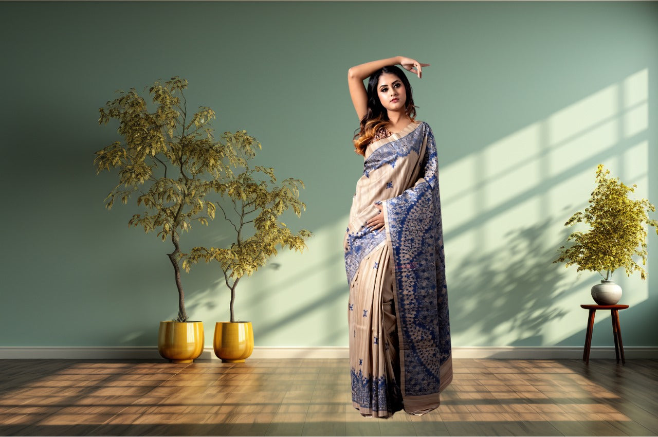 Women's Bhagalpuri Silk, Tussar Gicha Saree With Hand Painted, Unstitchced Blouse Piece, offwhite & Blue colour