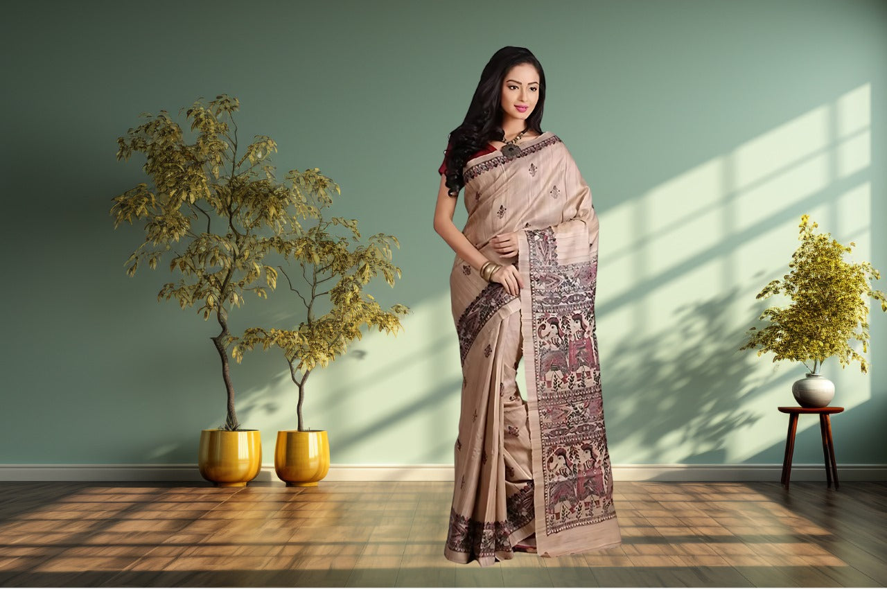 Women's Bhagalpuri Silk, Tussar Gicha Saree With Hand Painted, Unstitchced Blouse Piece, Pine Colour