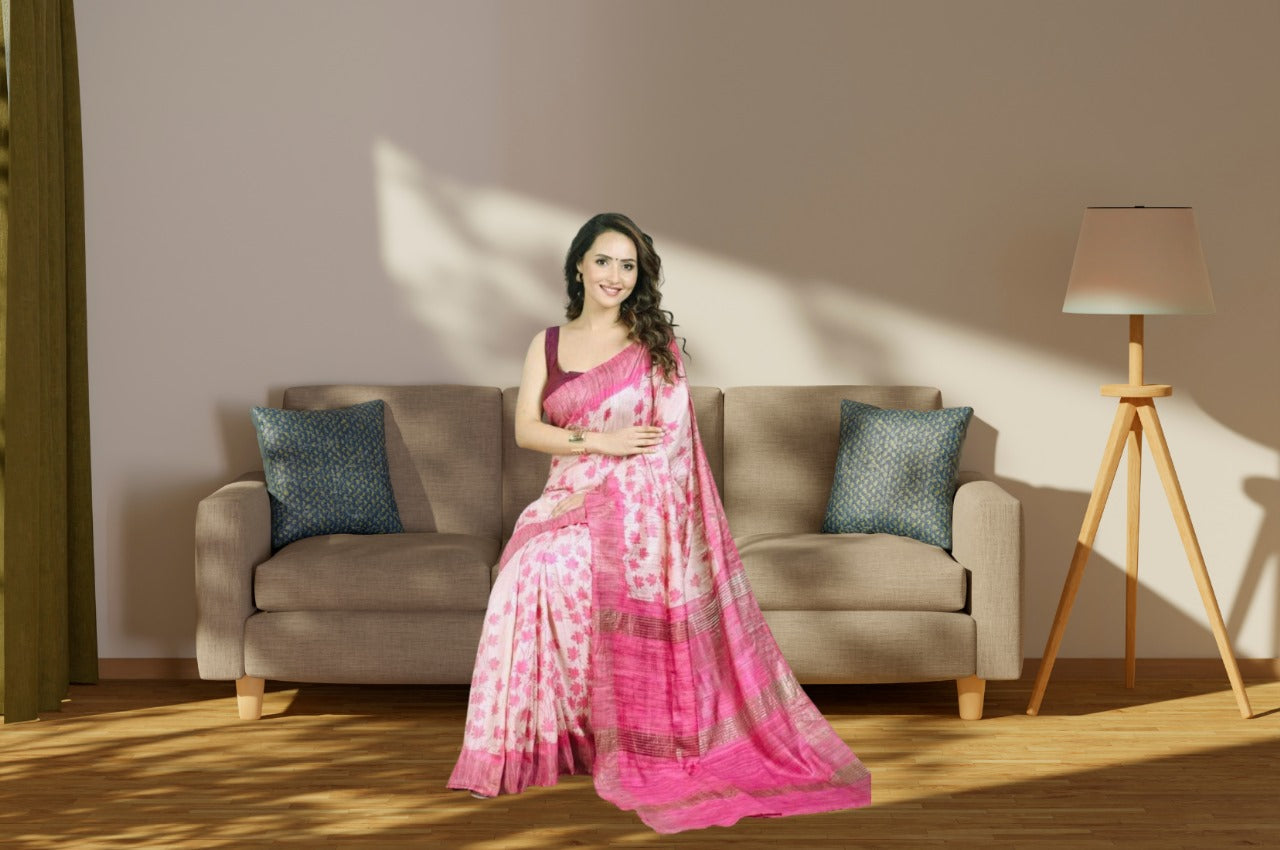 Women's Bhagalpuri Silk, Tussar Gicha Saree With Hand Painted, Unstitchced Blouse Piece, Pink Multicolour