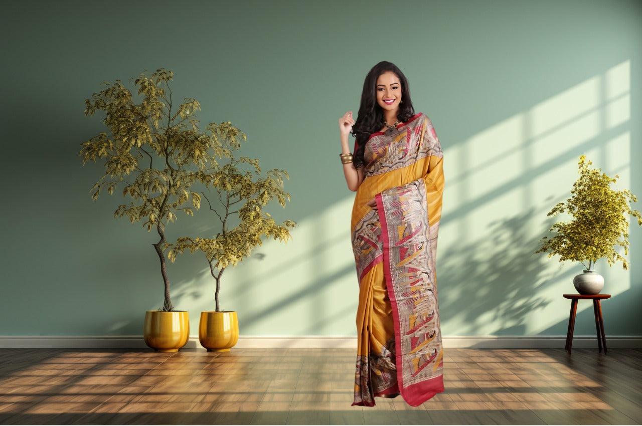 Women's Bhagalpuri Silk, Tussar Gicha Saree With Hand Painted, Unstitchced Blouse Piece, Mustard Yellow Colour